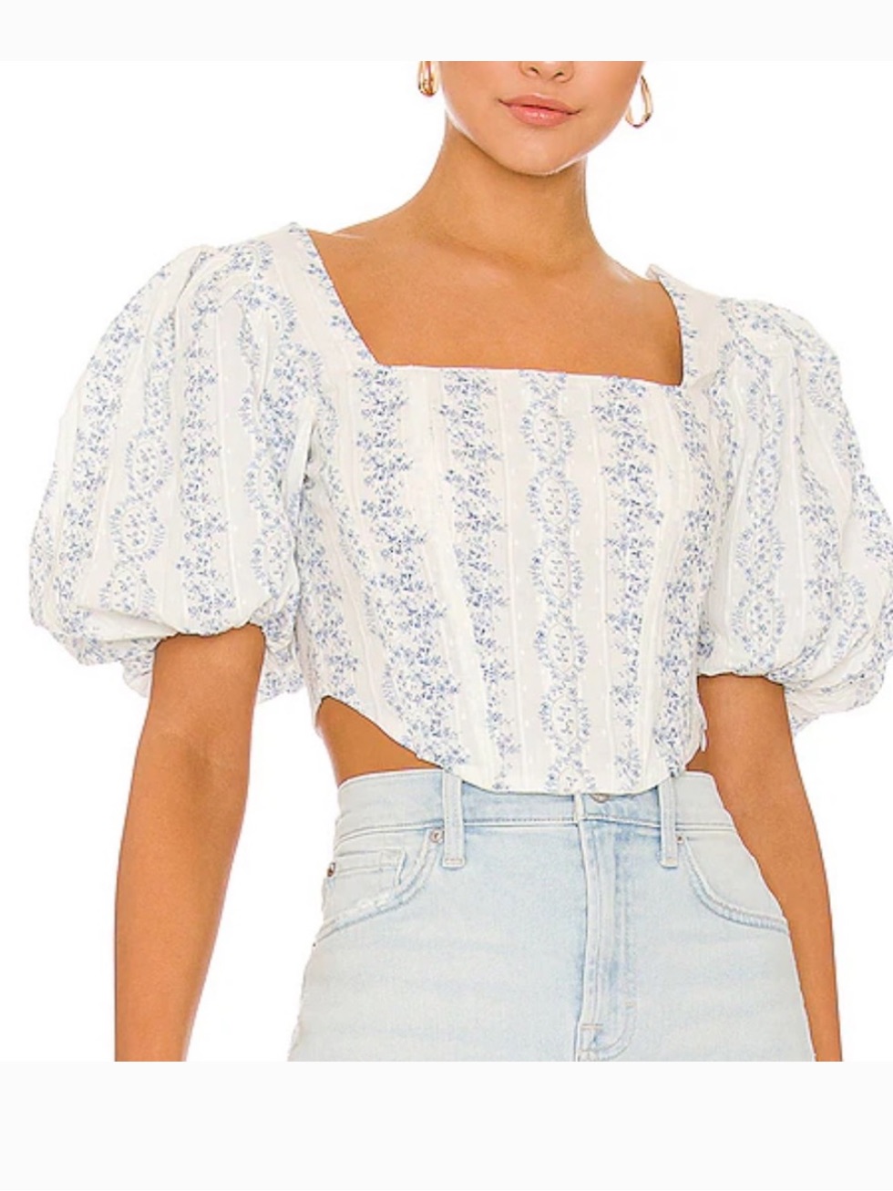 Saylor Dainty Floral Cottagecore Bridal Square Puff Sleeve Crop Bustier Corset